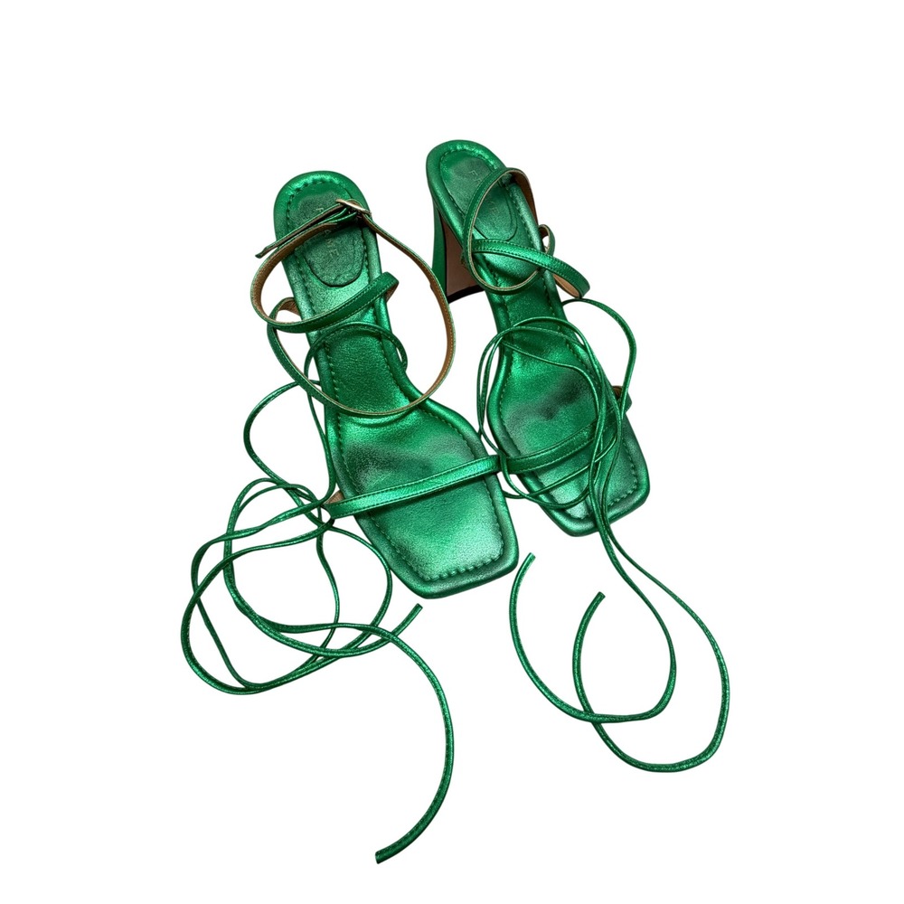 FRAME Metallic Green Strappy Wrap Around Square Toe Block Heel Sandals 39 9